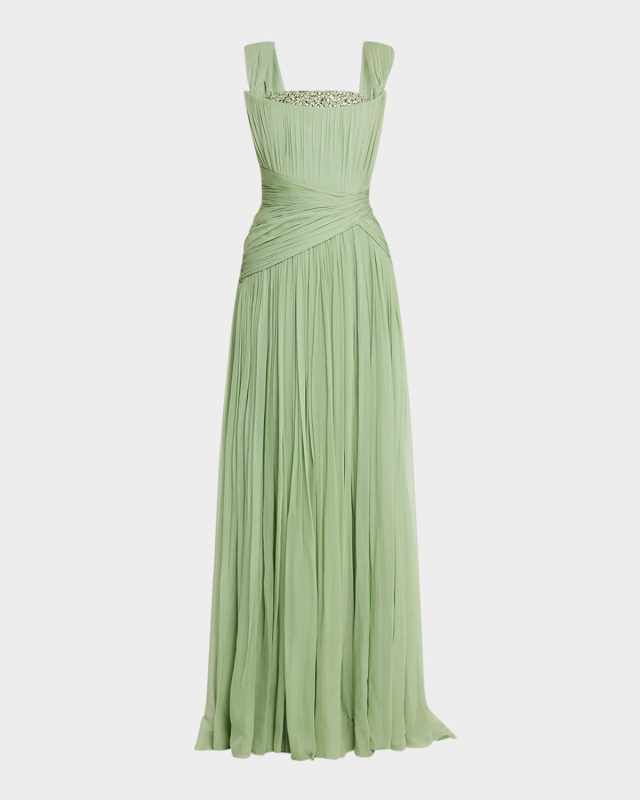 Crystal Drape Sage Chiffon Slit Gown